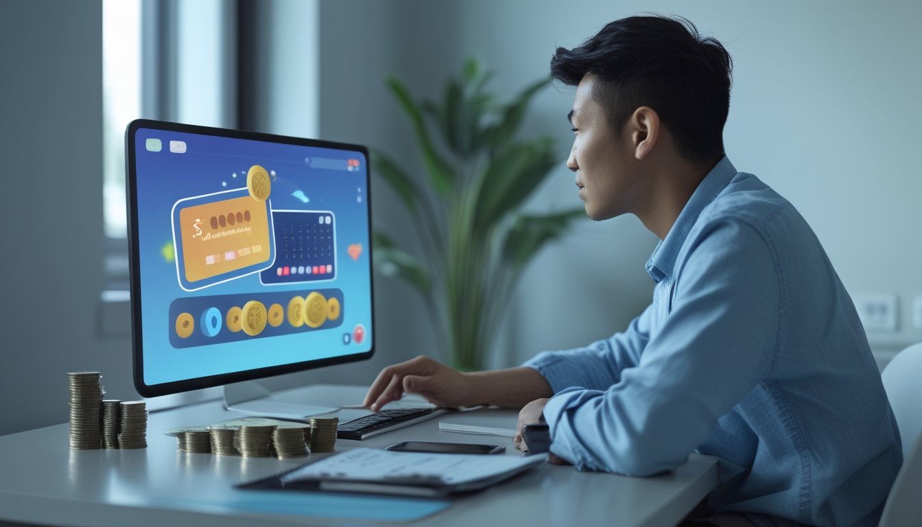Orang dewasa melihat antarmuka permainan digital di laptop dengan koin dan buku anggaran di meja.