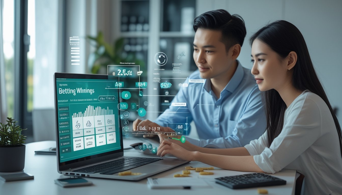 Dua orang dewasa memeriksa perhitungan pembayaran dan persentase pada laptop di meja kerja.