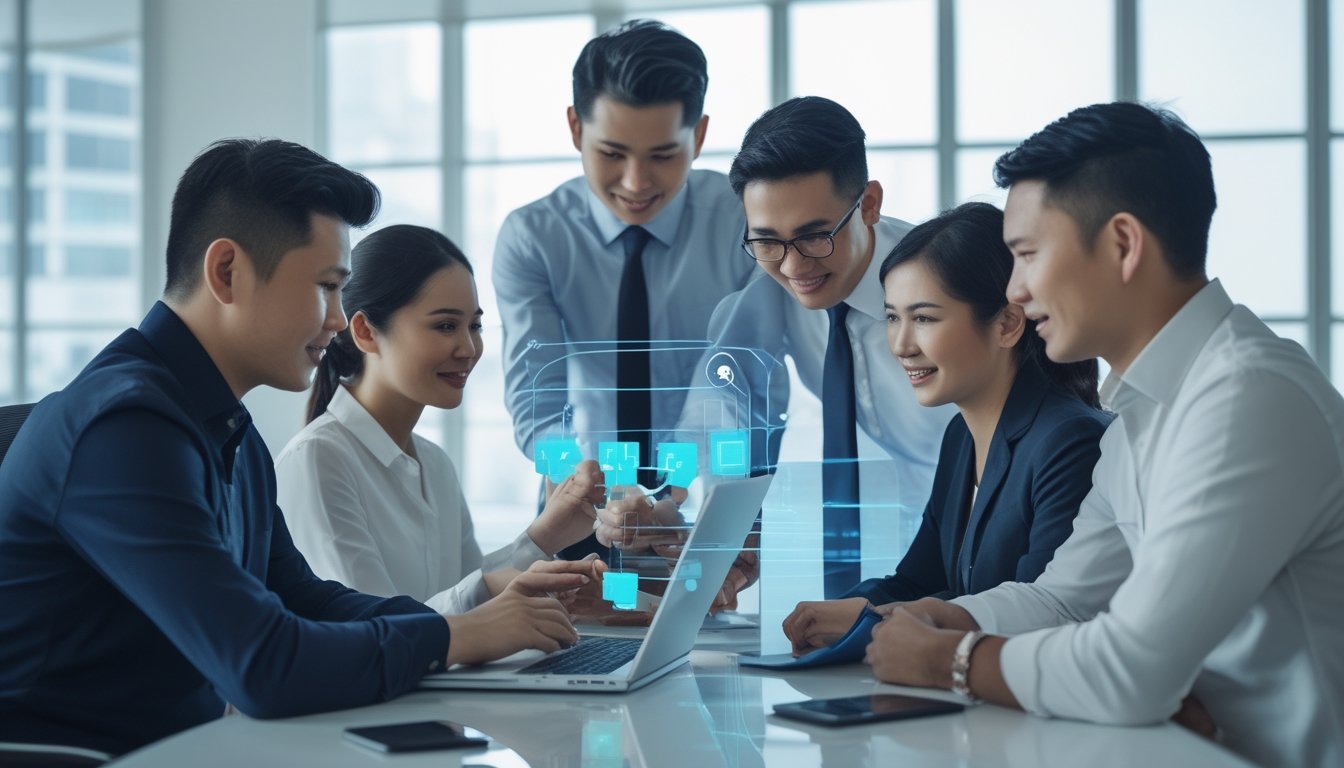 Sekelompok profesional Indonesia bekerja sama menggunakan laptop dan ponsel di kantor modern.