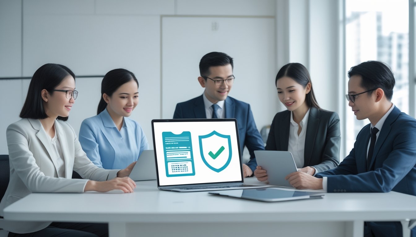 Tim profesional memeriksa platform digital yang aman di kantor modern.