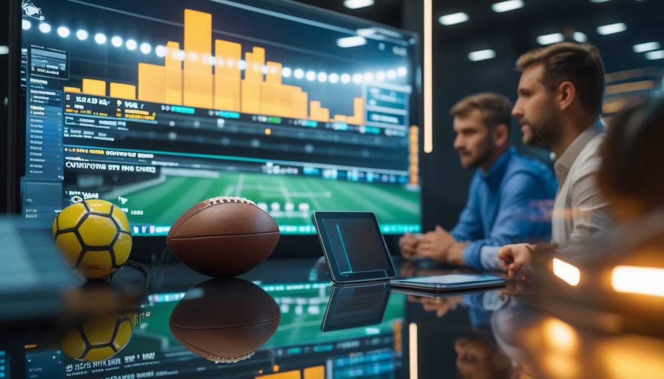 Analis mengamati data pertandingan sepak bola pada perangkat digital di studio modern dengan latar stadion bercahaya.