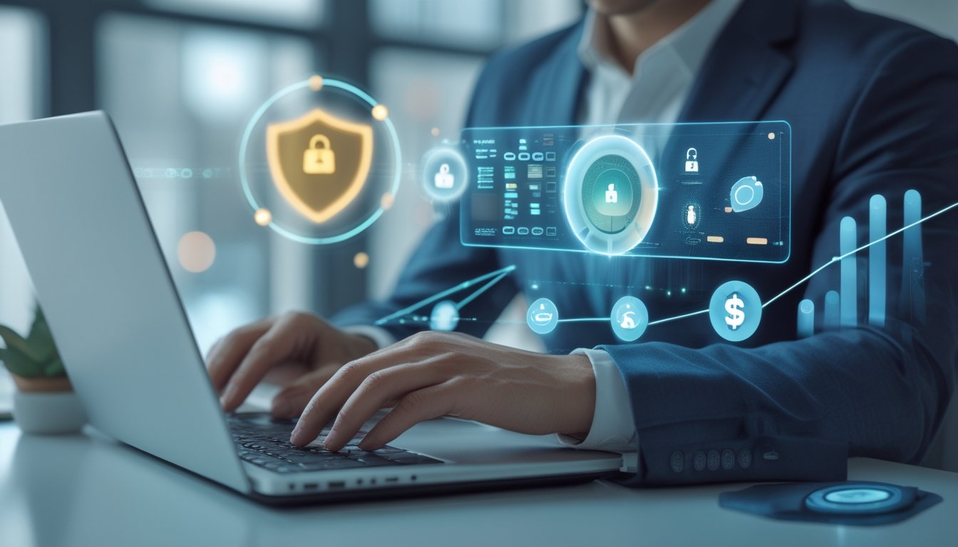 Seorang profesional menggunakan laptop di meja kerja modern dengan simbol keamanan digital dan alur pembayaran abstrak di latar belakang.