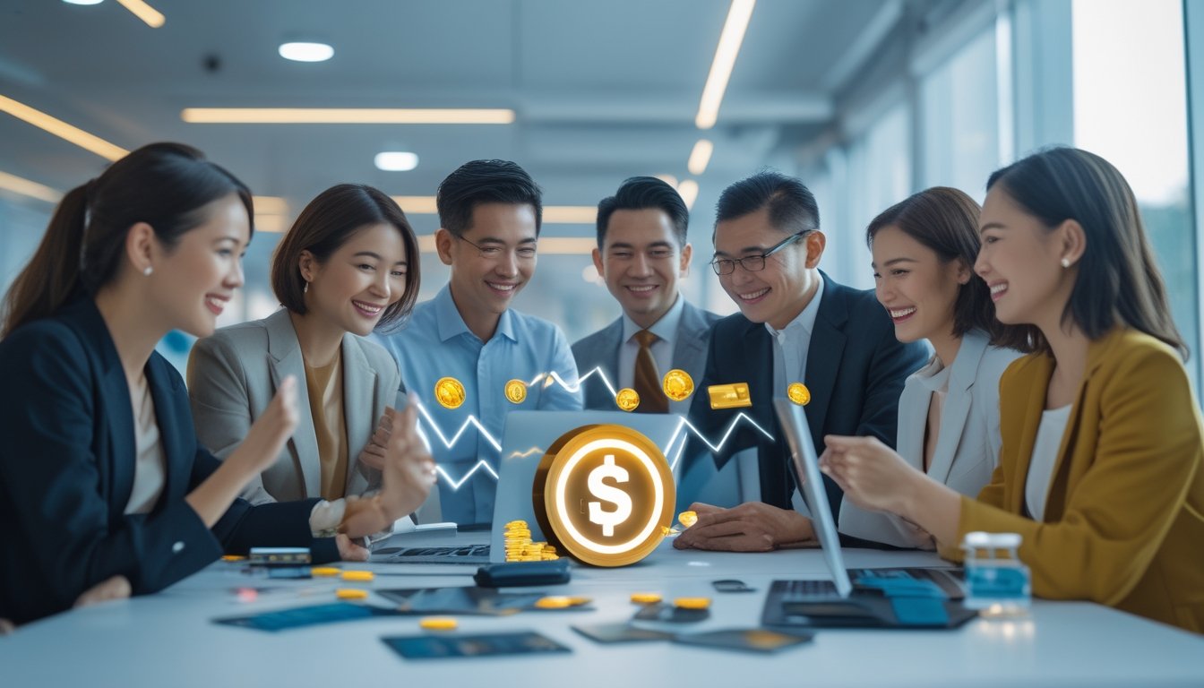 Sekelompok orang dewasa merayakan keberhasilan pembayaran digital di ruang kerja modern.