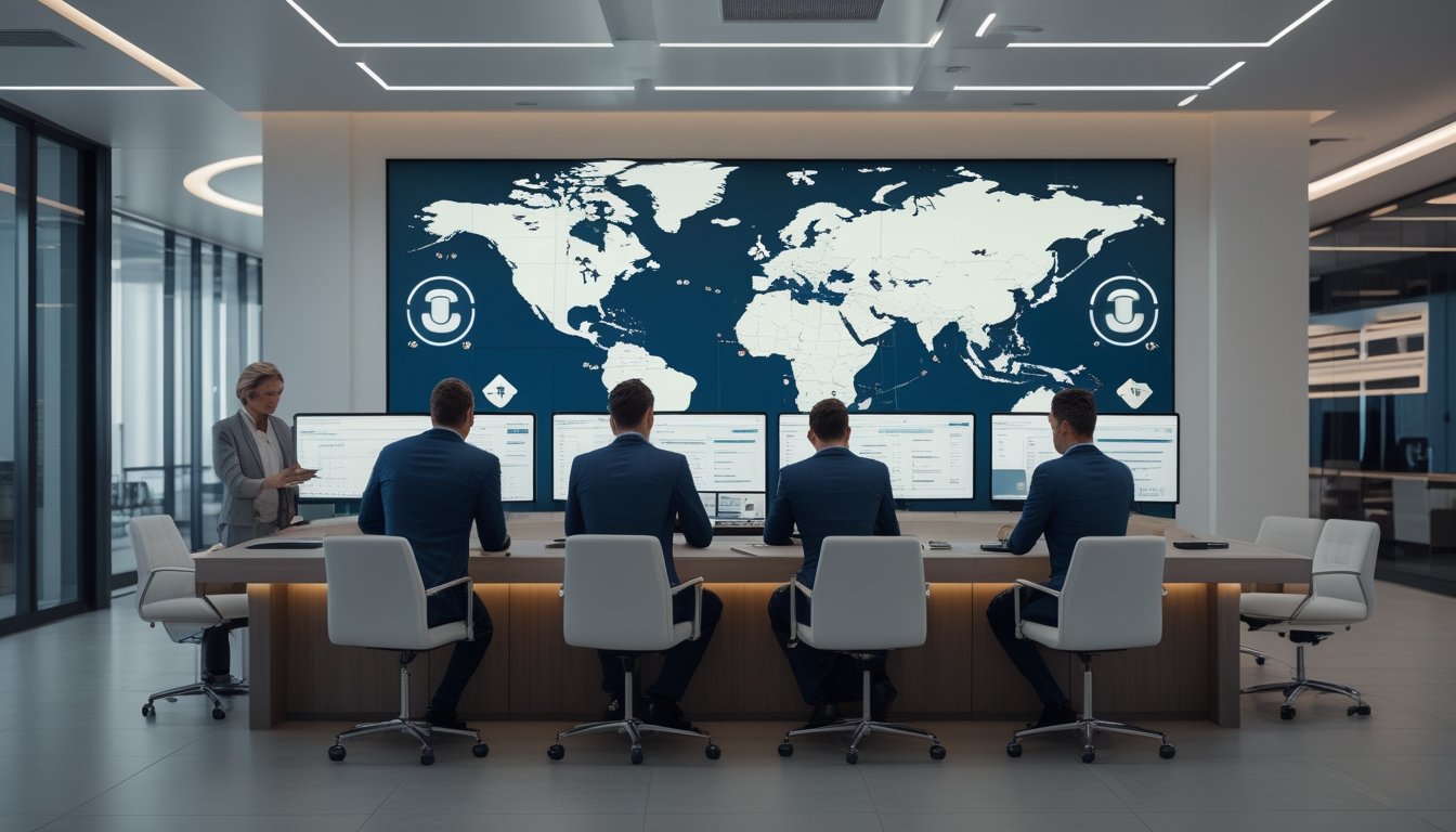 Tim profesional bekerja di kantor modern dengan peta dunia digital dan elemen lotre yang melambangkan platform daring berlisensi internasional.