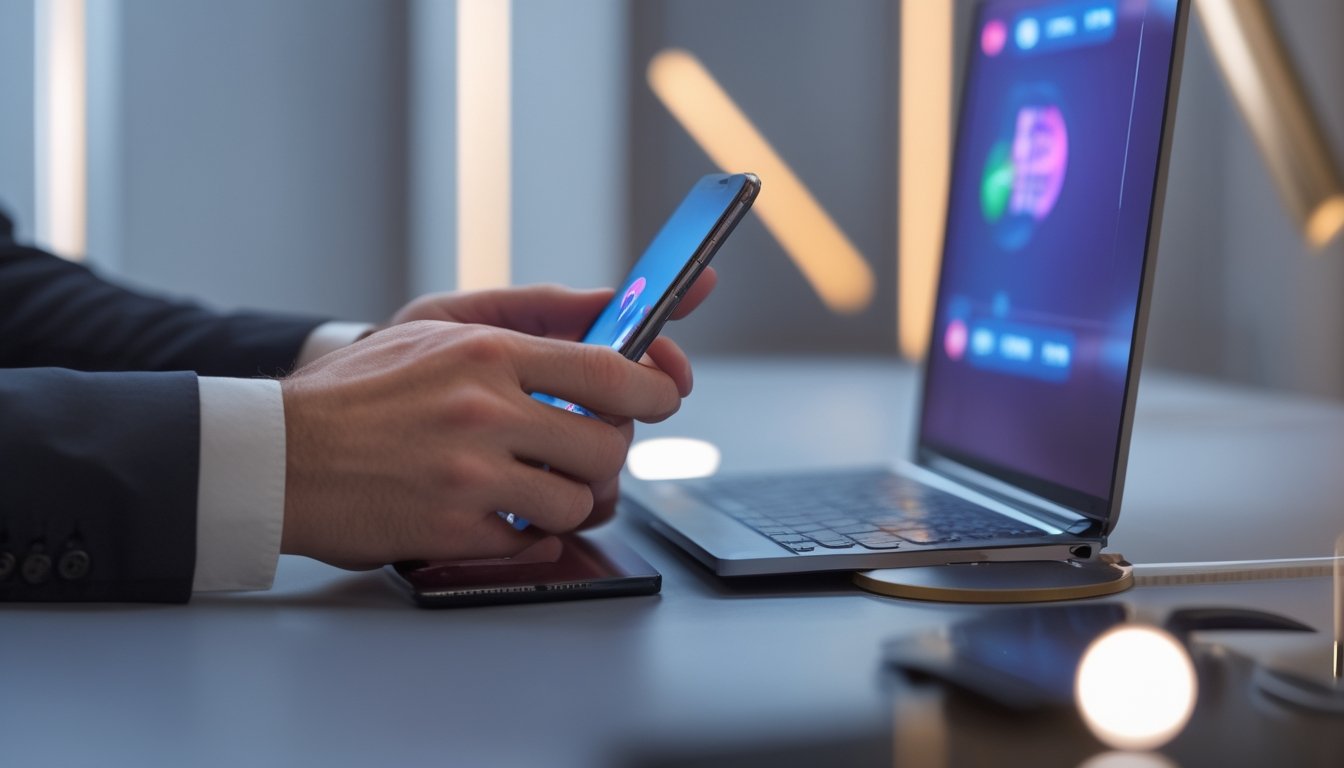 Tangan orang dewasa menggunakan ponsel dan laptop di meja modern dengan cahaya warna-warni.