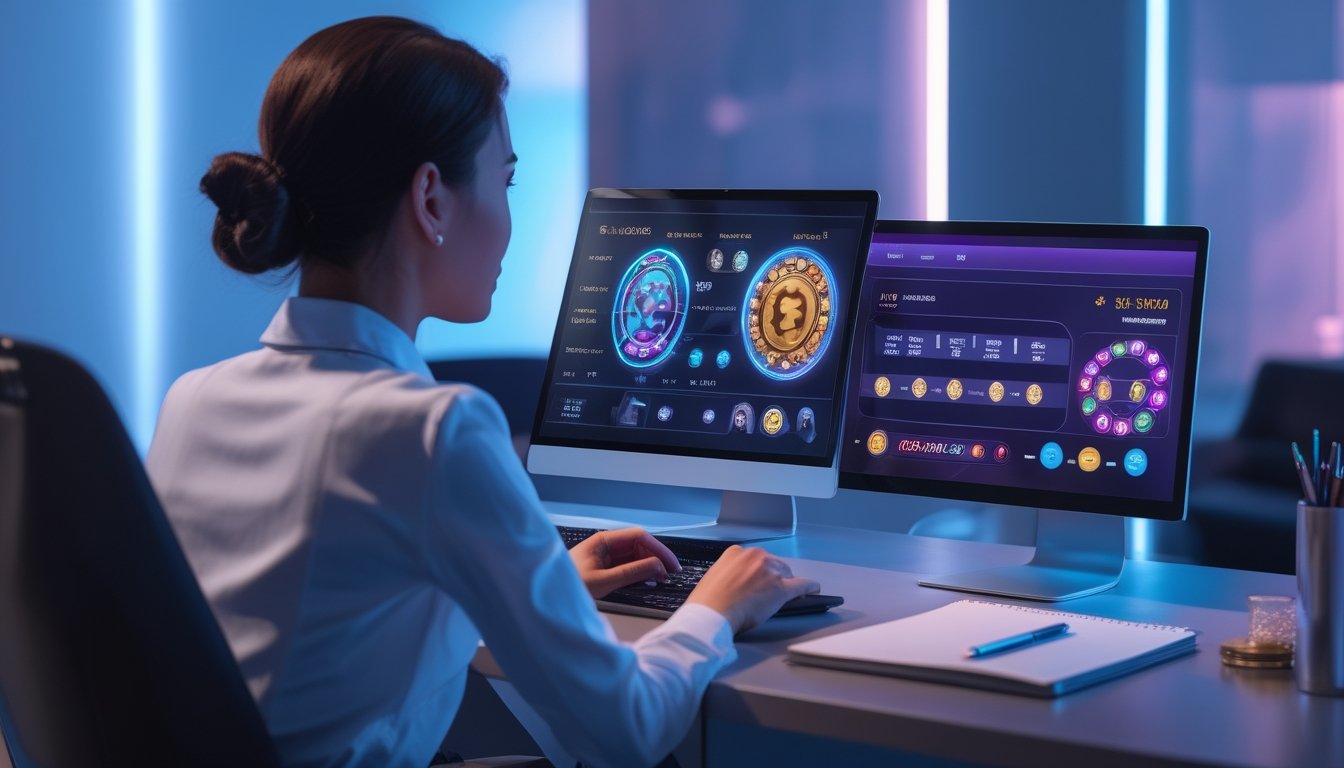 Seseorang sedang mempelajari tampilan permainan slot digital di laptop pada meja kerja modern.