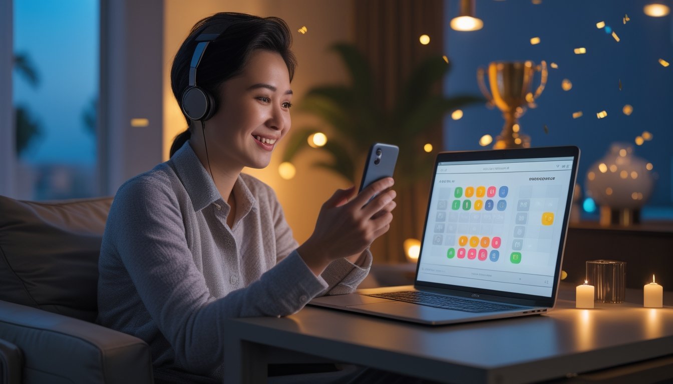 Seseorang menggunakan ponsel dan laptop di ruang modern dengan cahaya hangat serta elemen visual hadiah.