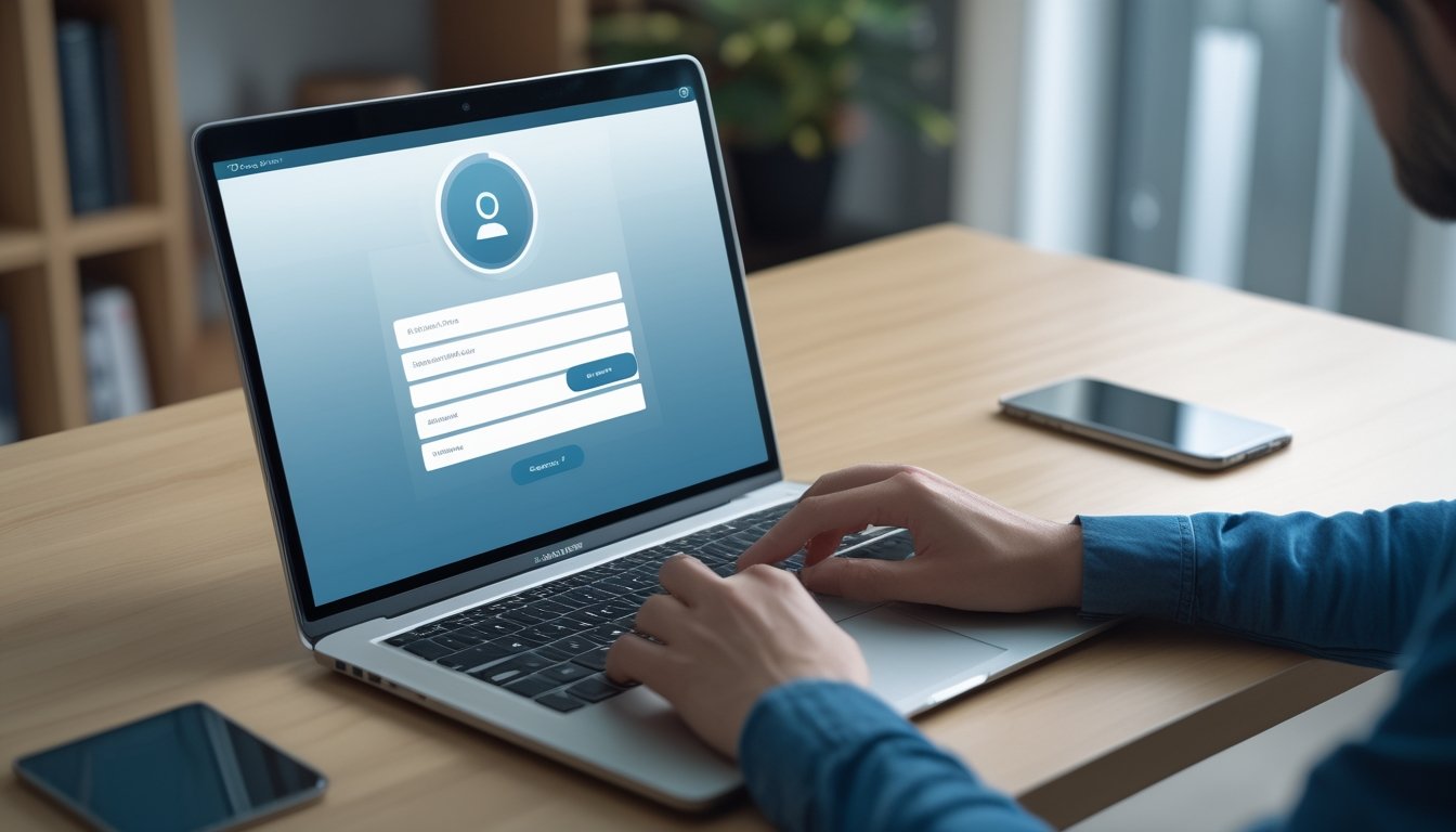 Seseorang mengisi formulir pendaftaran akun digital di laptop dengan ponsel di sampingnya.