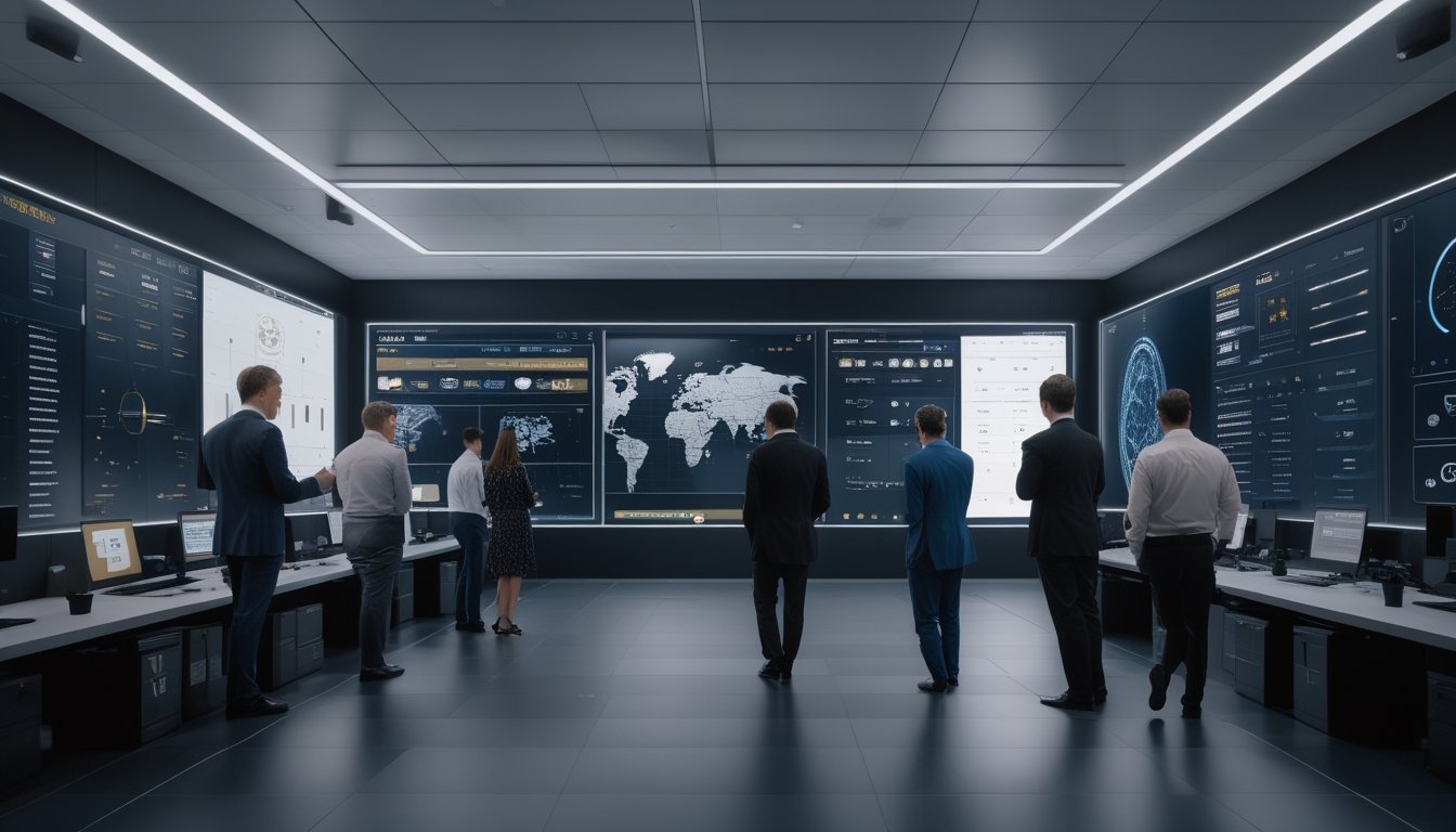 Profesional sedang memantau platform digital aman dengan visualisasi jaringan global di ruang kerja modern.