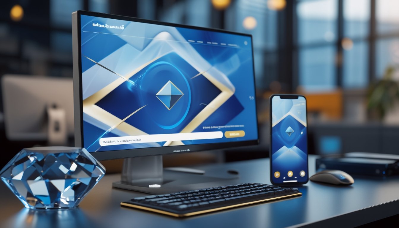 Meja kerja modern dengan monitor dan ponsel yang menampilkan antarmuka abstrak bertema berlian.