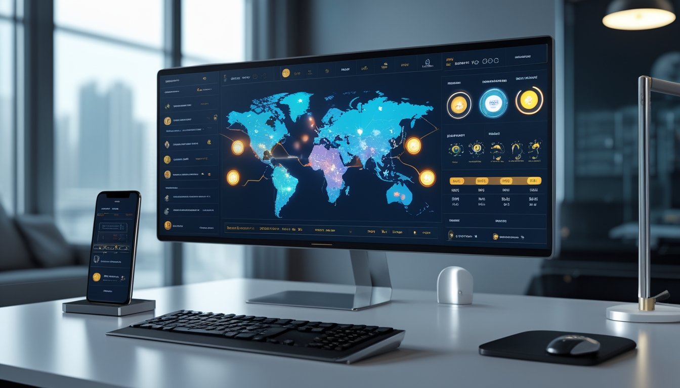 Monitor dan ponsel menampilkan dasbor digital abstrak dengan grafik bercahaya di atas meja modern.