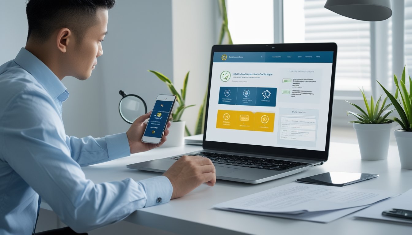 Seorang profesional memeriksa keamanan dan legalitas platform digital melalui laptop dan dokumen verifikasi di meja kerja.