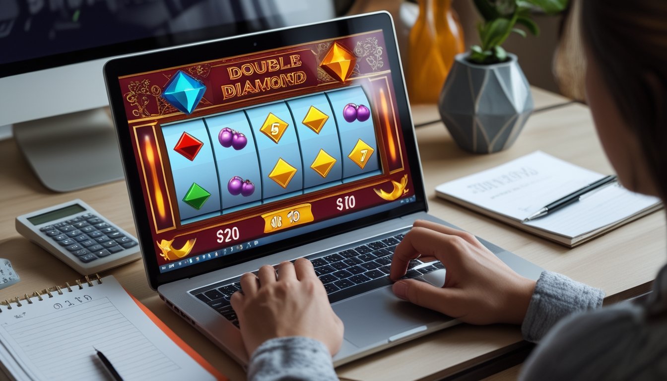 Seseorang mempelajari permainan slot Double Diamond melalui laptop di meja yang rapi.