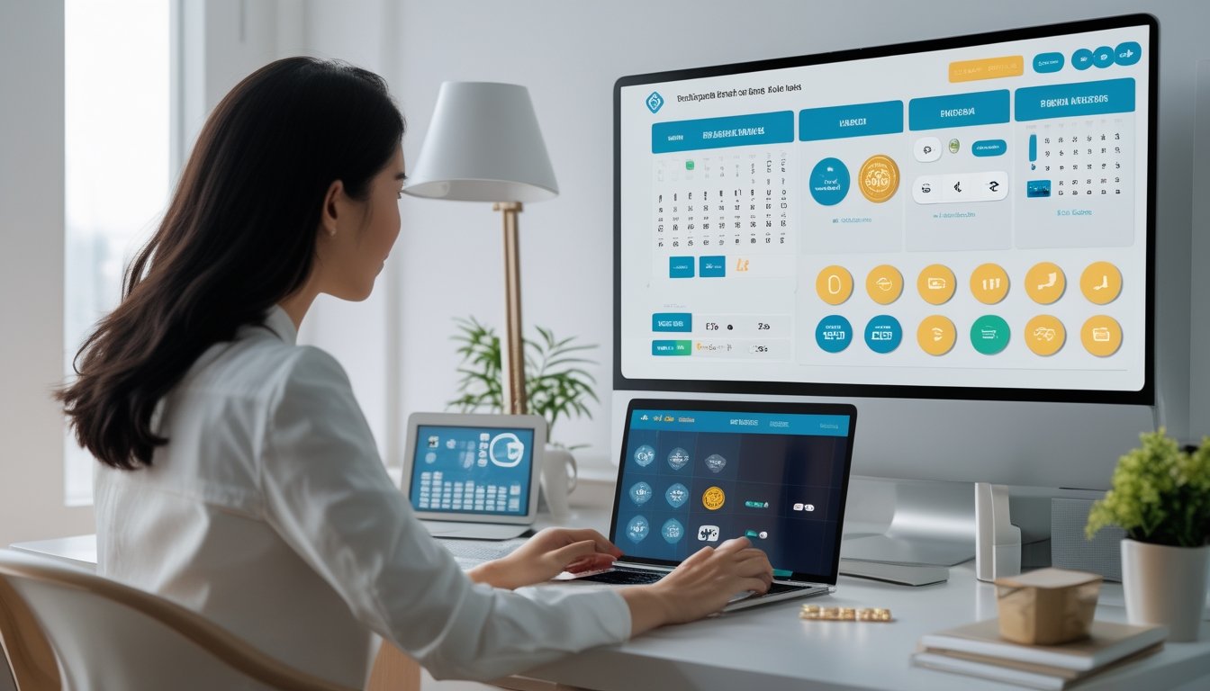 Seorang pengguna dewasa Indonesia menggunakan laptop dan ponsel dengan tampilan dasbor digital serta simbol keamanan di ruang kerja modern.