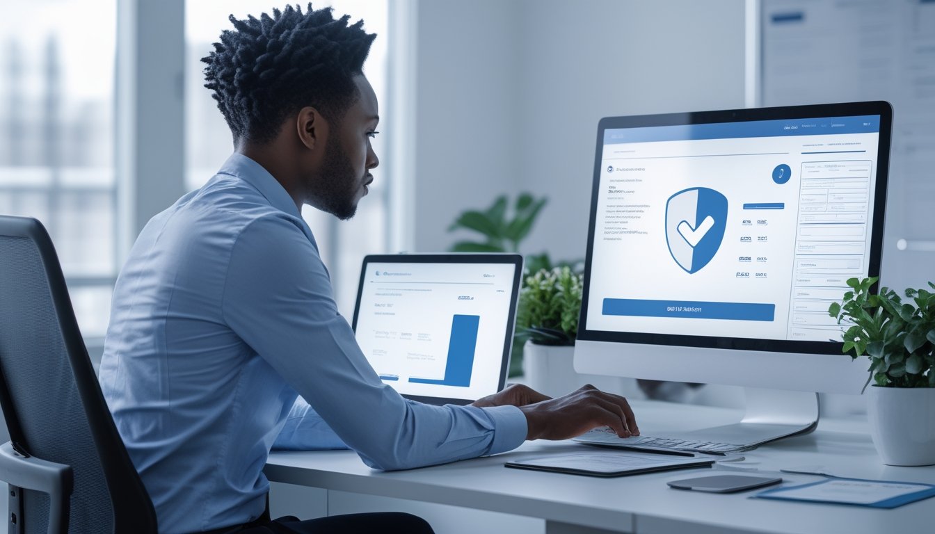 Seorang analis memeriksa keamanan dan legalitas platform digital menggunakan laptop, dokumen, dan simbol verifikasi di kantor modern.