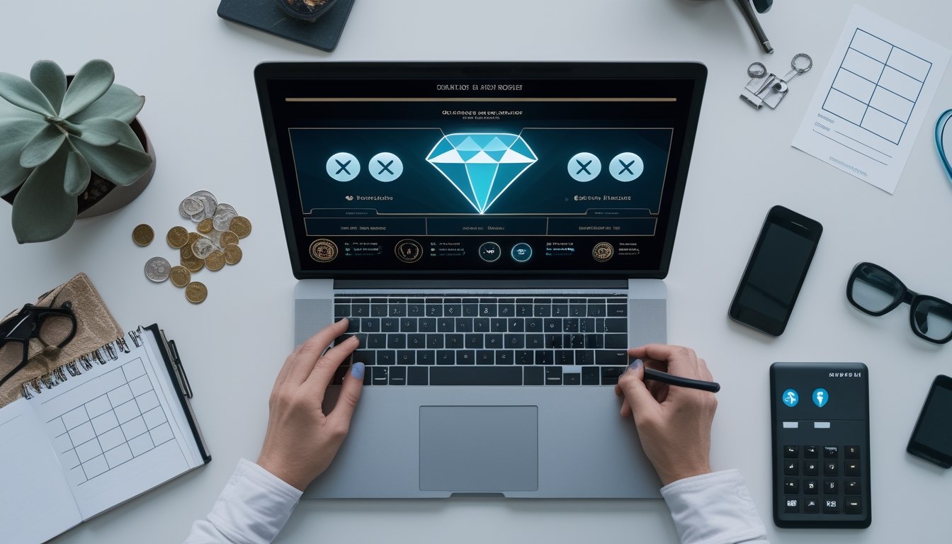 Tangan seseorang membandingkan beberapa pilihan platform digital di meja kerja dengan laptop, buku catatan, ponsel, dan kalkulator.