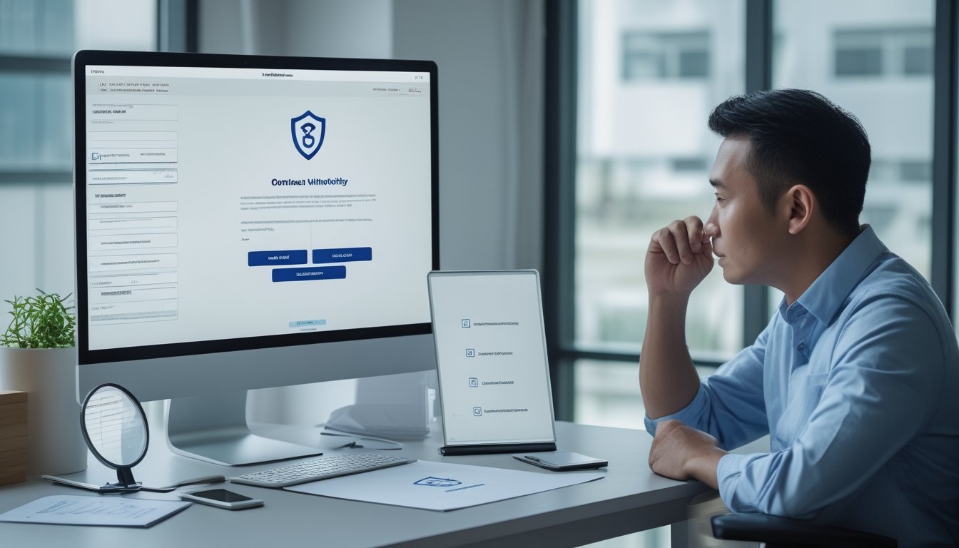 Seorang profesional memeriksa keamanan dan kredibilitas platform daring menggunakan laptop, ponsel, dan daftar verifikasi di meja kerja.
