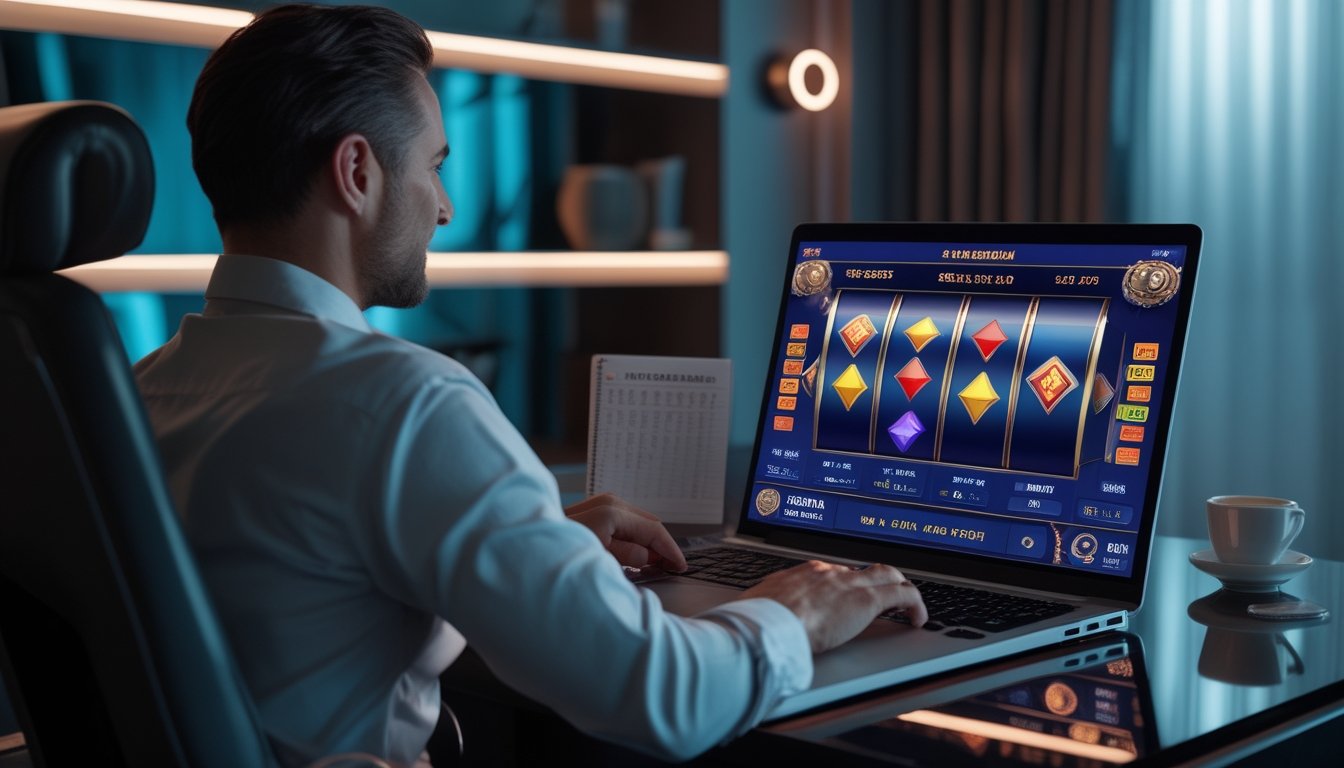 Seorang pemain dewasa menganalisis permainan slot di laptop dengan catatan strategi dan perlengkapan meja di ruangan modern.