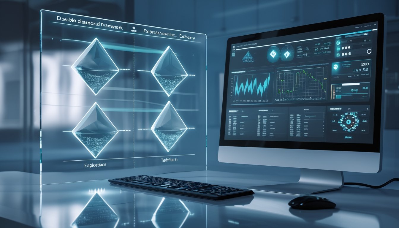 Ruang kerja modern dengan papan kaca berbentuk berlian, visualisasi probabilitas, dan perangkat digital.