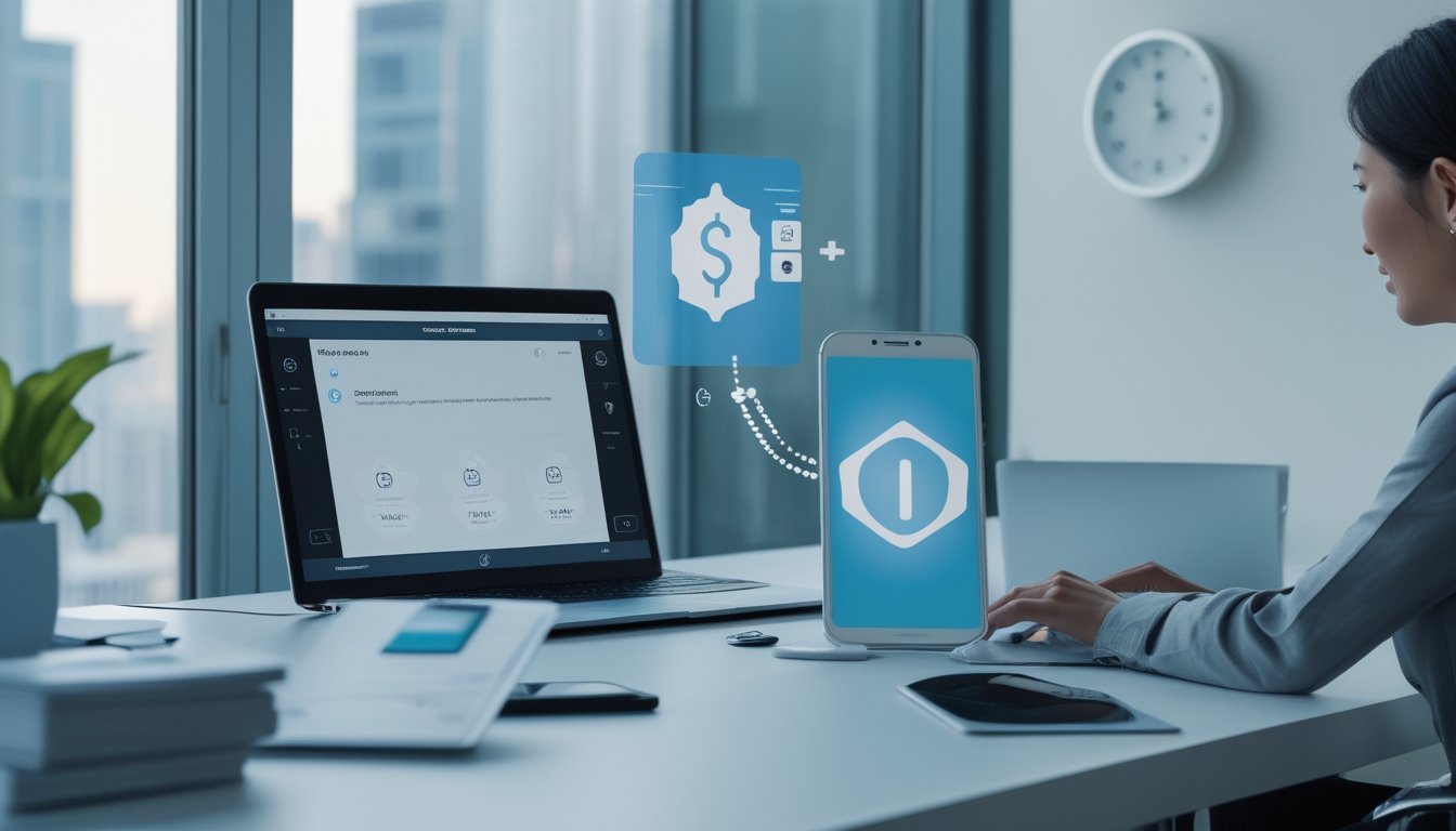 Seseorang menggunakan laptop dan ponsel untuk melakukan transaksi perbankan di meja kerja modern.
