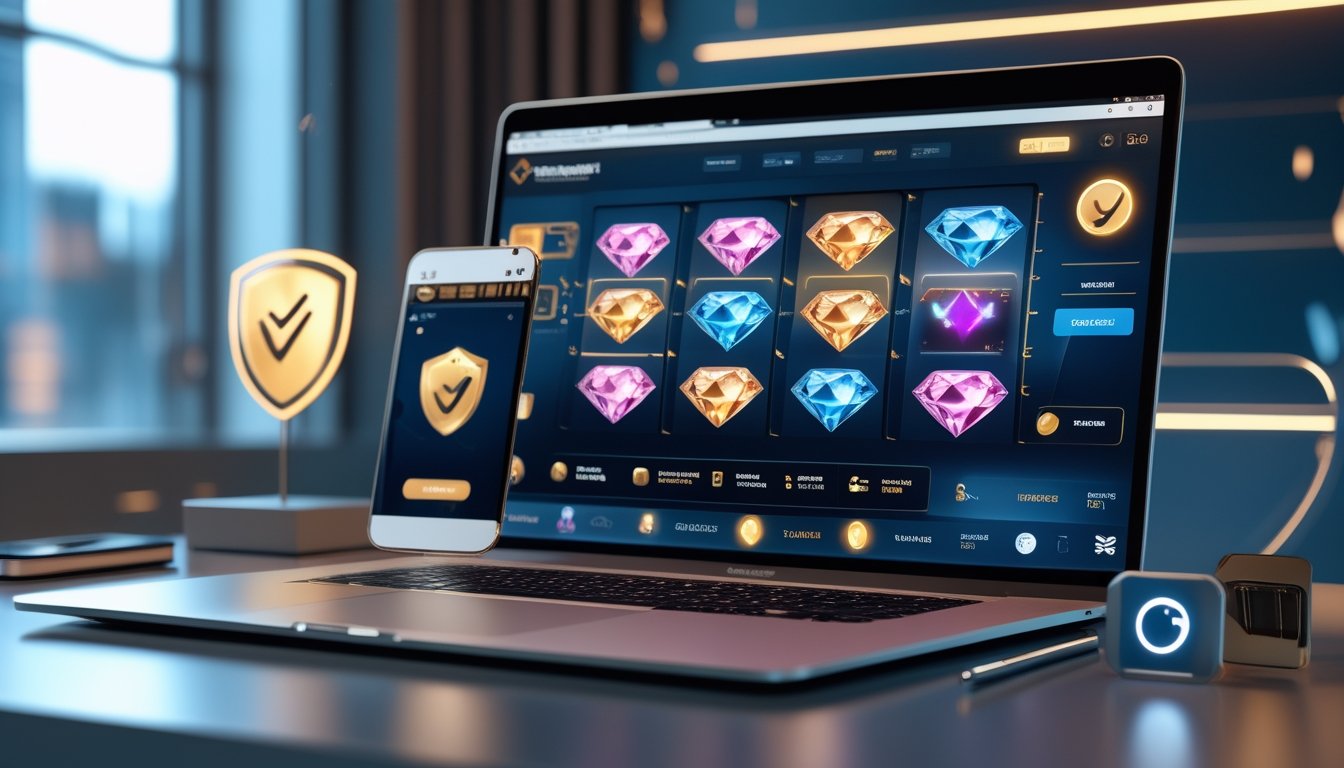 Laptop dan ponsel menampilkan permainan slot berlian dengan ikon perisai dan gembok keamanan di meja modern.