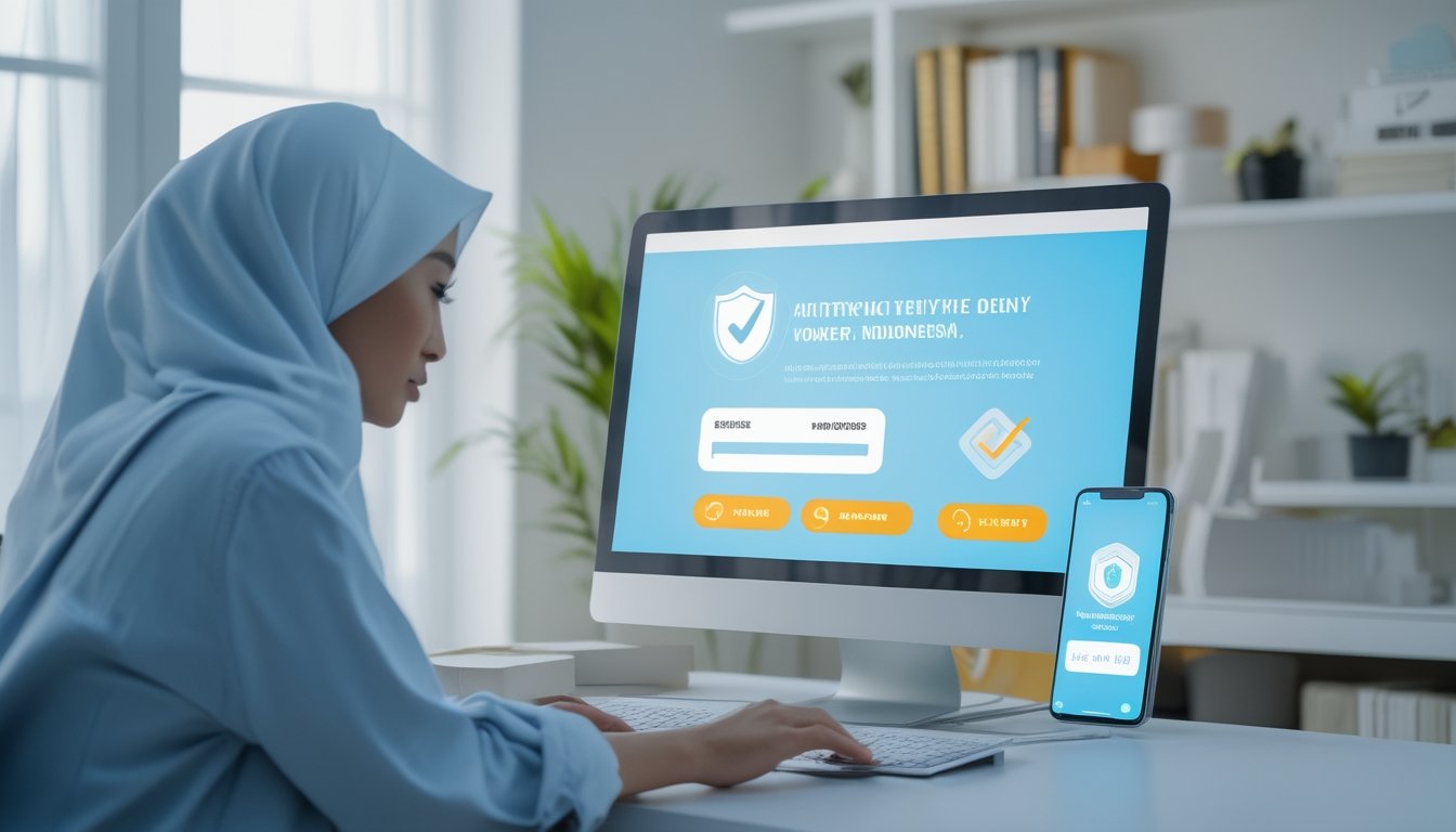 Seseorang memeriksa keamanan platform digital di laptop dengan simbol perisai dan tanda centang.