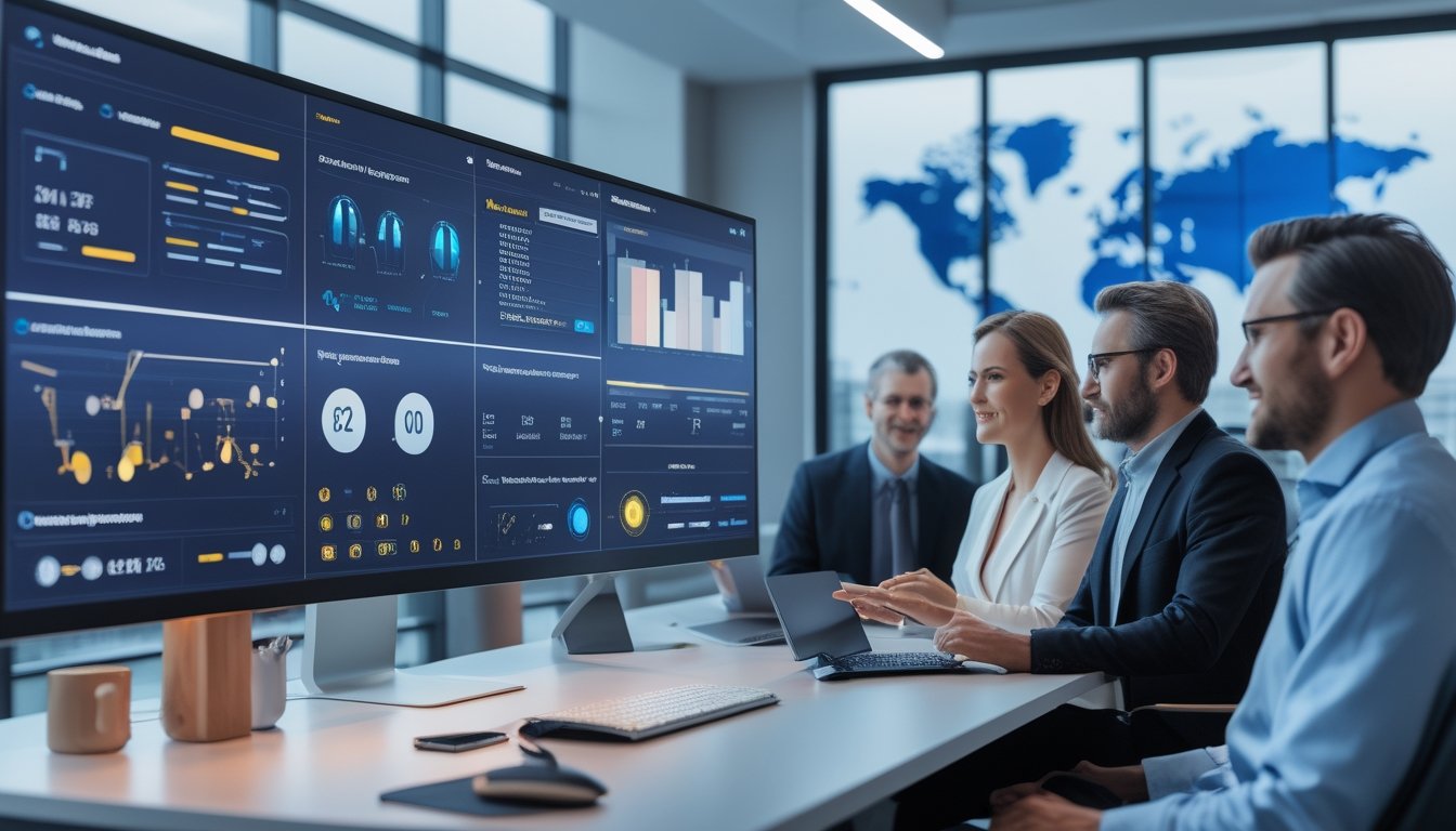 Tim profesional meninjau dasbor data digital di kantor modern.