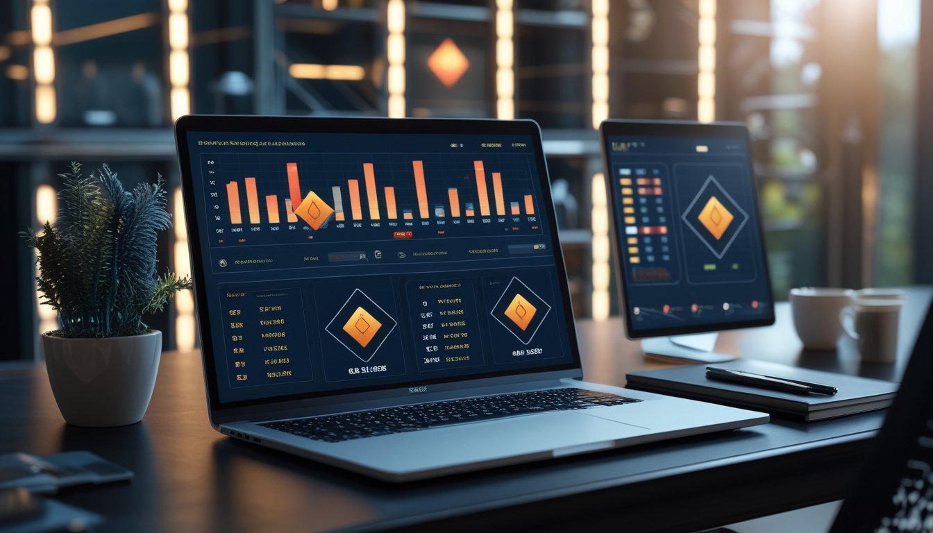 Laptop dan ponsel menampilkan grafik analisis permainan dengan simbol berlian di atas meja kerja modern.