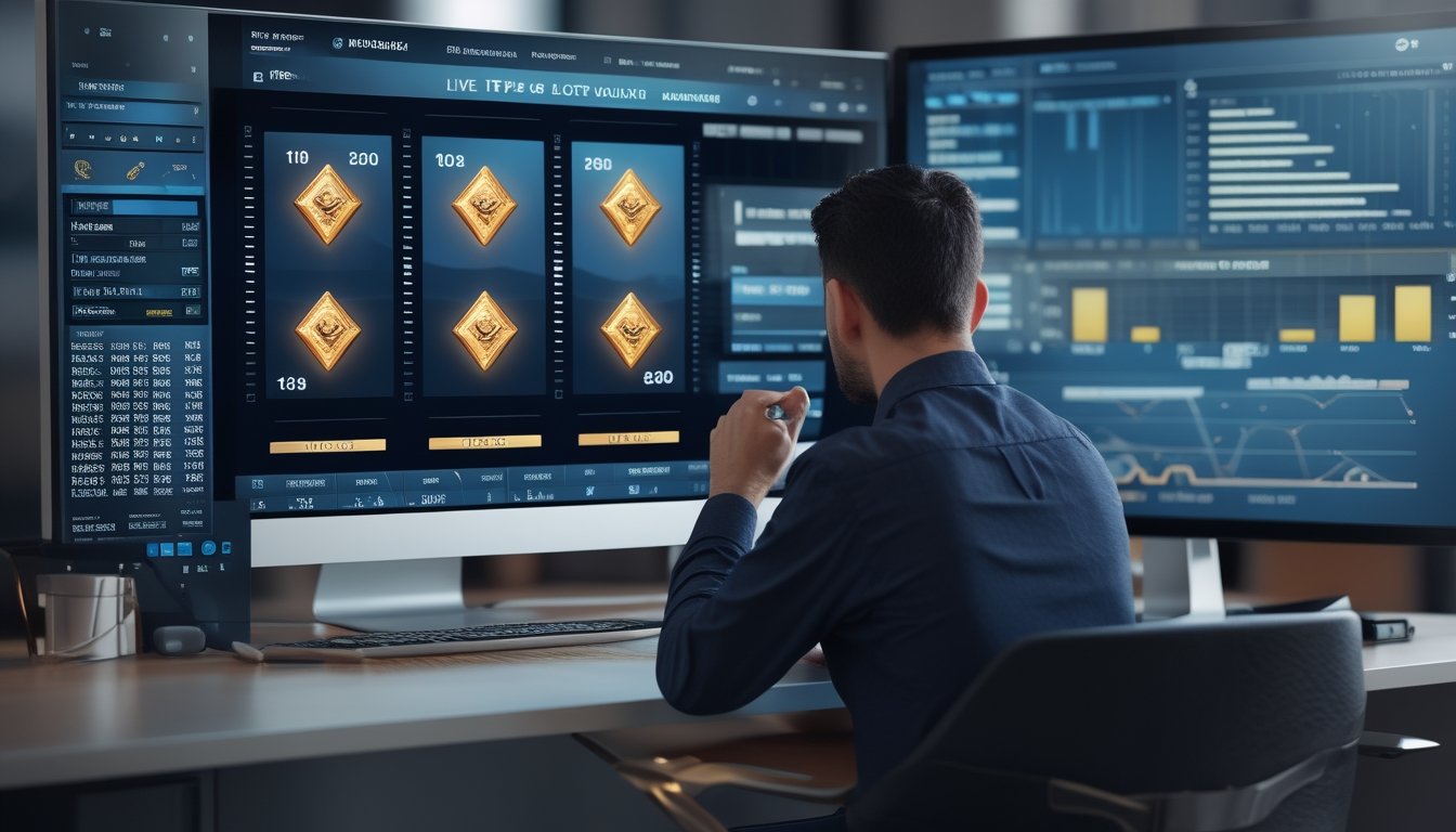 Seorang analis mempelajari data volatilitas permainan slot pada monitor di ruang kerja modern.