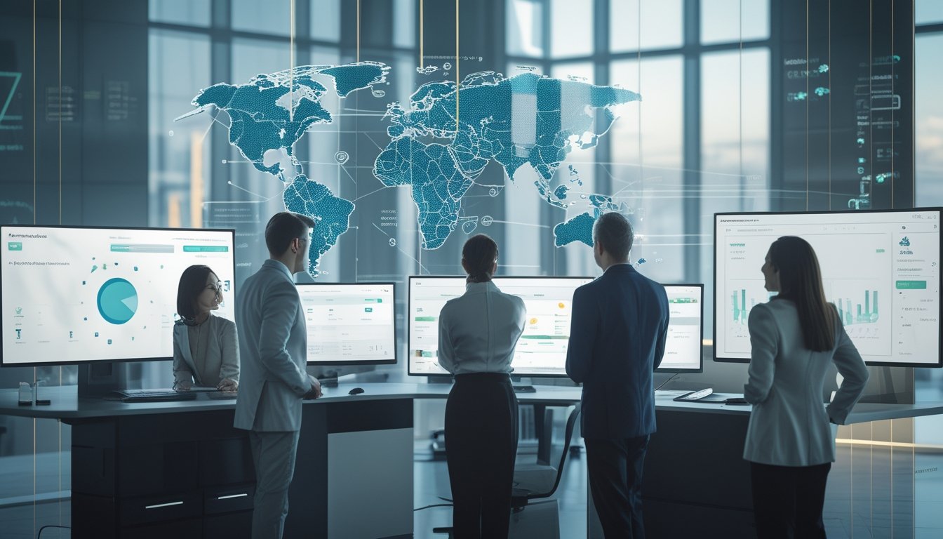 Sekelompok profesional memantau platform digital aman dengan grafik global dan simbol verifikasi di ruang kantor modern.