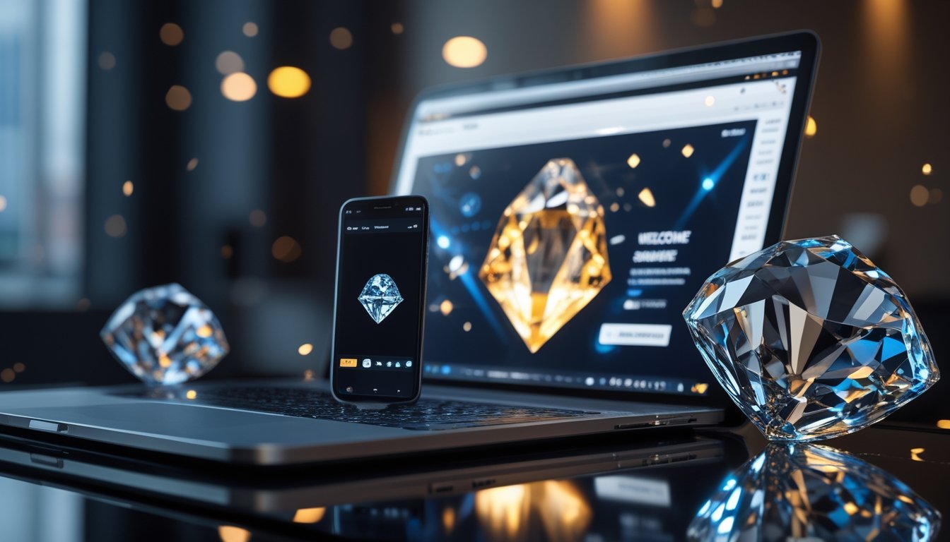 Perangkat digital dan dua berlian berkilau di atas meja dengan pencahayaan elegan bernuansa biru dan emas.