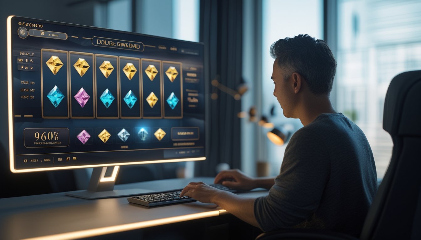 Orang dewasa menggunakan komputer untuk menjelajahi antarmuka permainan slot digital bertema berlian di ruang kerja modern.