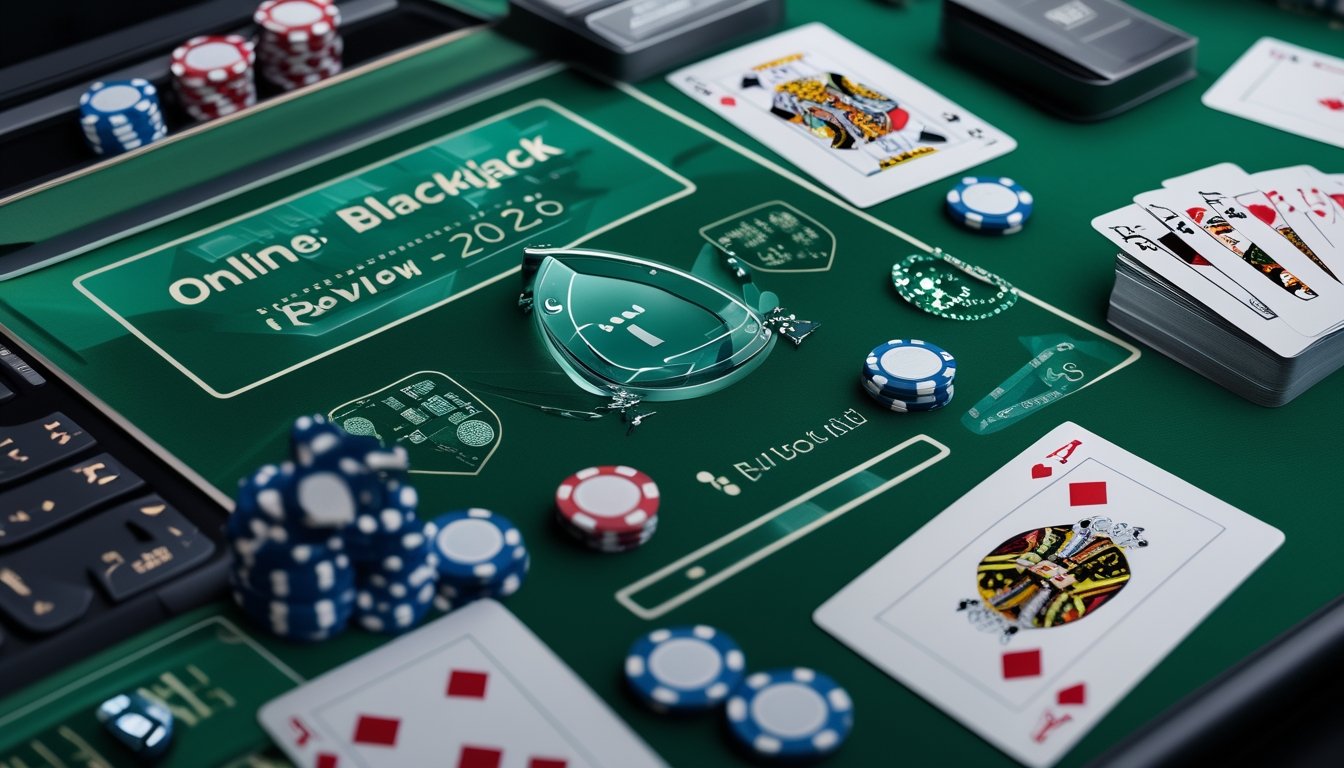 Meja blackjack dengan kartu, keping kasino, laptop, dan simbol keamanan digital.