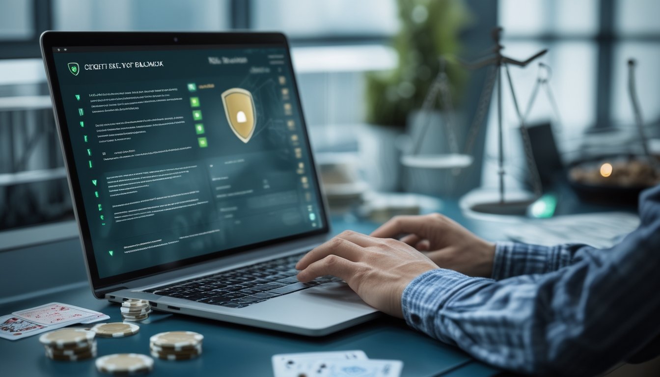 Seorang analis memeriksa platform blackjack online dengan simbol keamanan, dokumen legal, dan elemen perlindungan data di meja kerja.