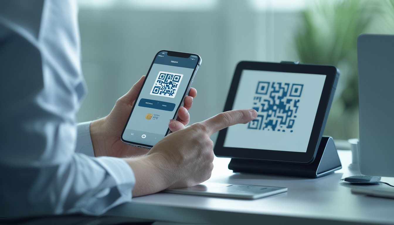 Seseorang menggunakan ponsel untuk memindai kode QR dalam proses pembayaran digital.