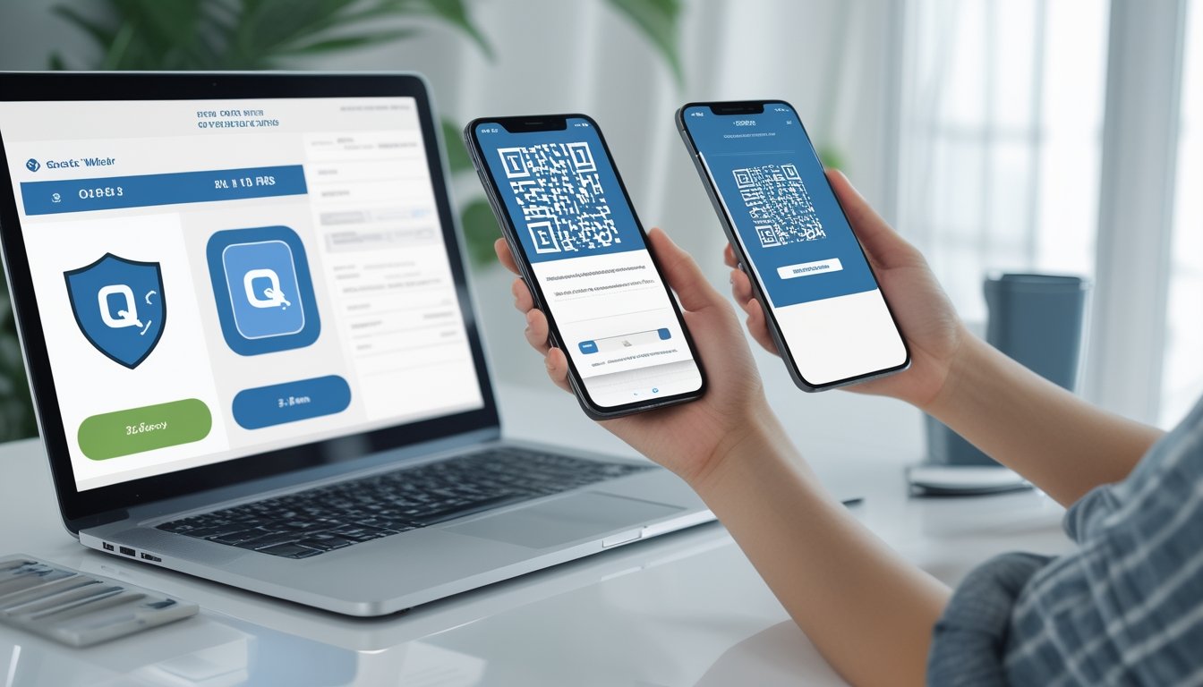 Seseorang memverifikasi akun dan menyiapkan pembayaran digital melalui ponsel, QRIS, dan dompet elektronik.