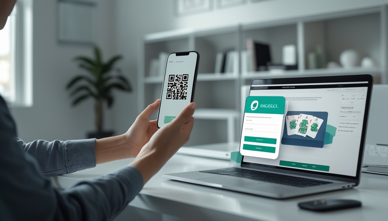 Seseorang menggunakan ponsel untuk pembayaran QR sambil melihat meja blackjack digital di laptop.