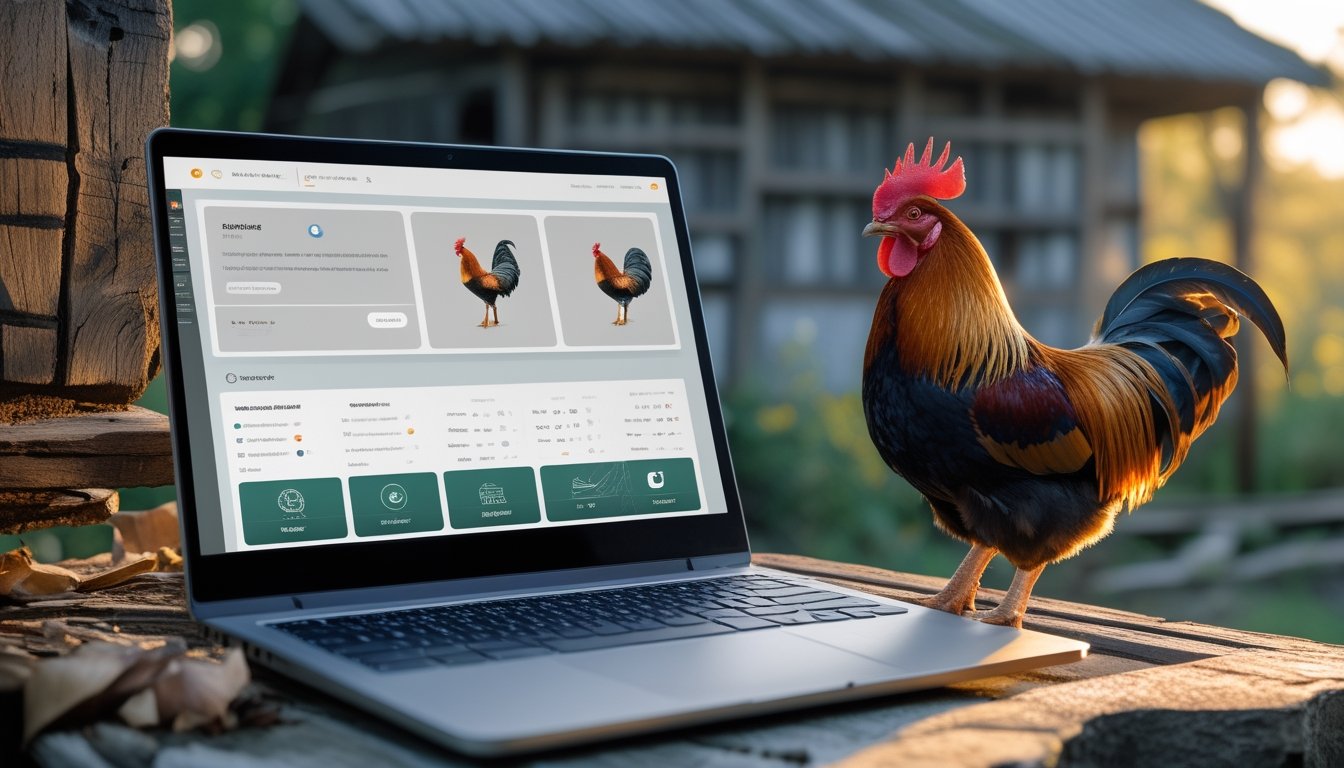 Laptop dengan antarmuka abstrak di samping ayam jantan sehat dan kandang kayu dalam suasana pedesaan.