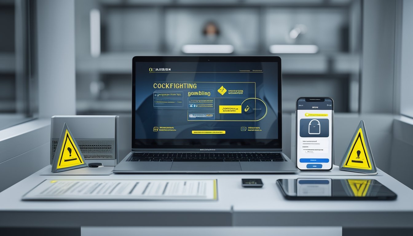 Laptop dengan situs perjudian generik, dokumen hukum, gembok keamanan, dan simbol peringatan di atas meja.