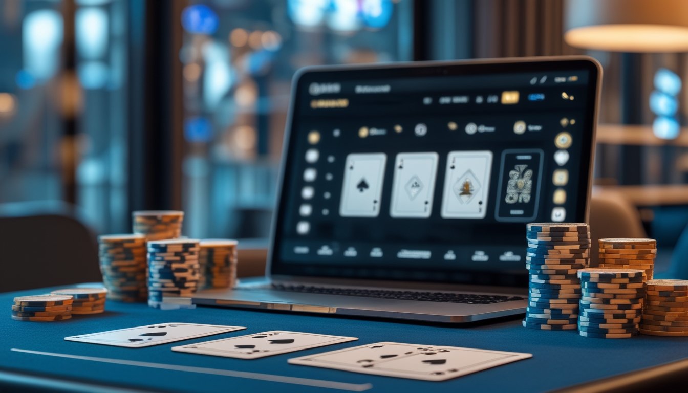 Meja blackjack modern dengan kartu, keping taruhan bernilai kecil, dan perangkat digital.