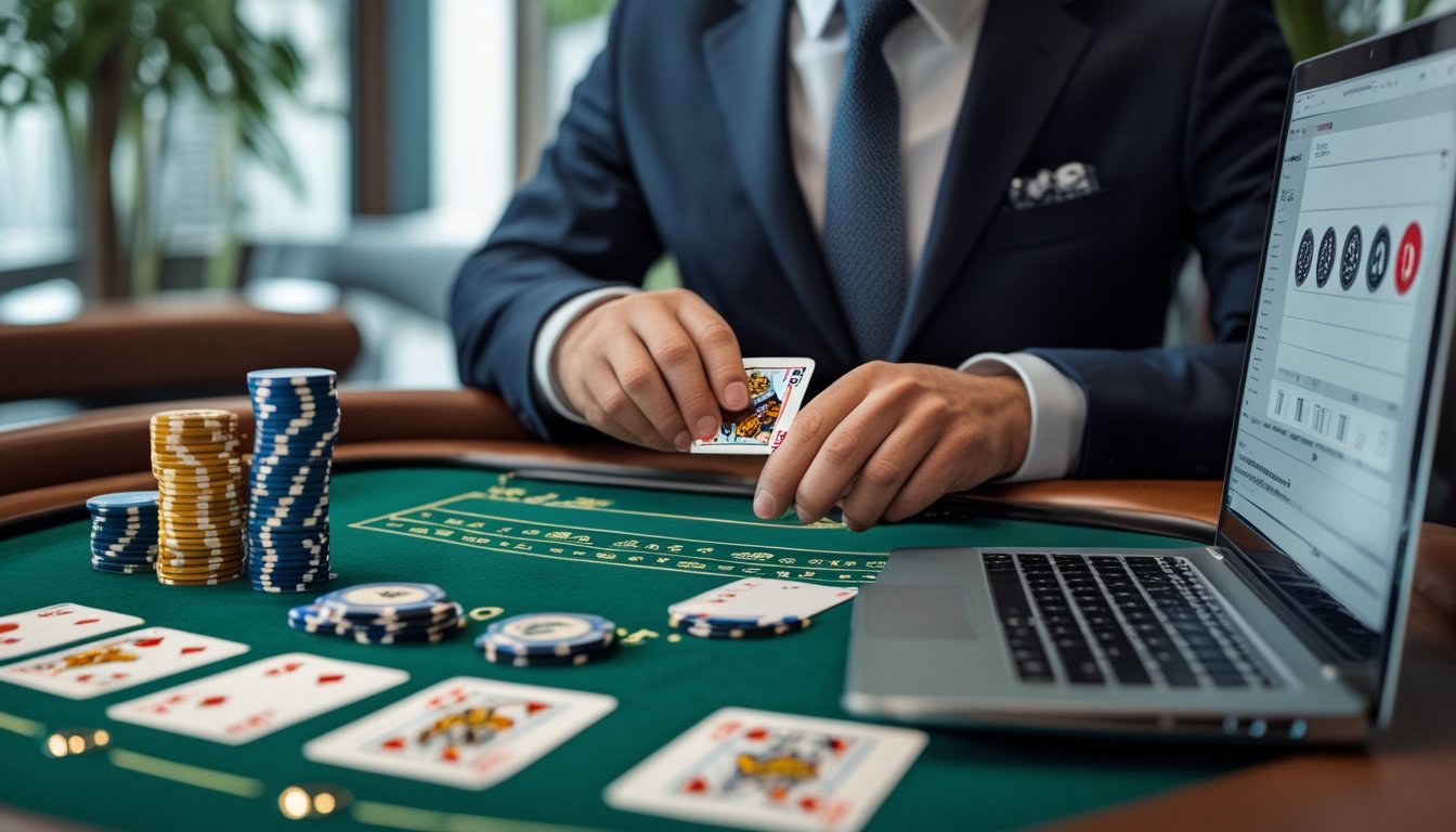 Seorang bandar blackjack membagikan kartu di meja kasino dengan tumpukan chip kecil.