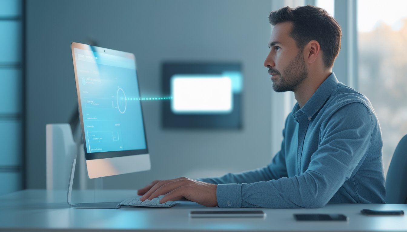 Seseorang menggunakan laptop dan ponsel di meja kerja modern dengan tampilan siaran langsung yang samar.
