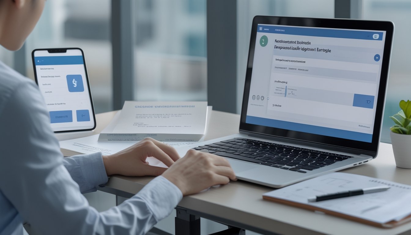 Orang dewasa memeriksa formulir pendaftaran digital di laptop dengan simbol perlindungan dan verifikasi usia di meja kerja.