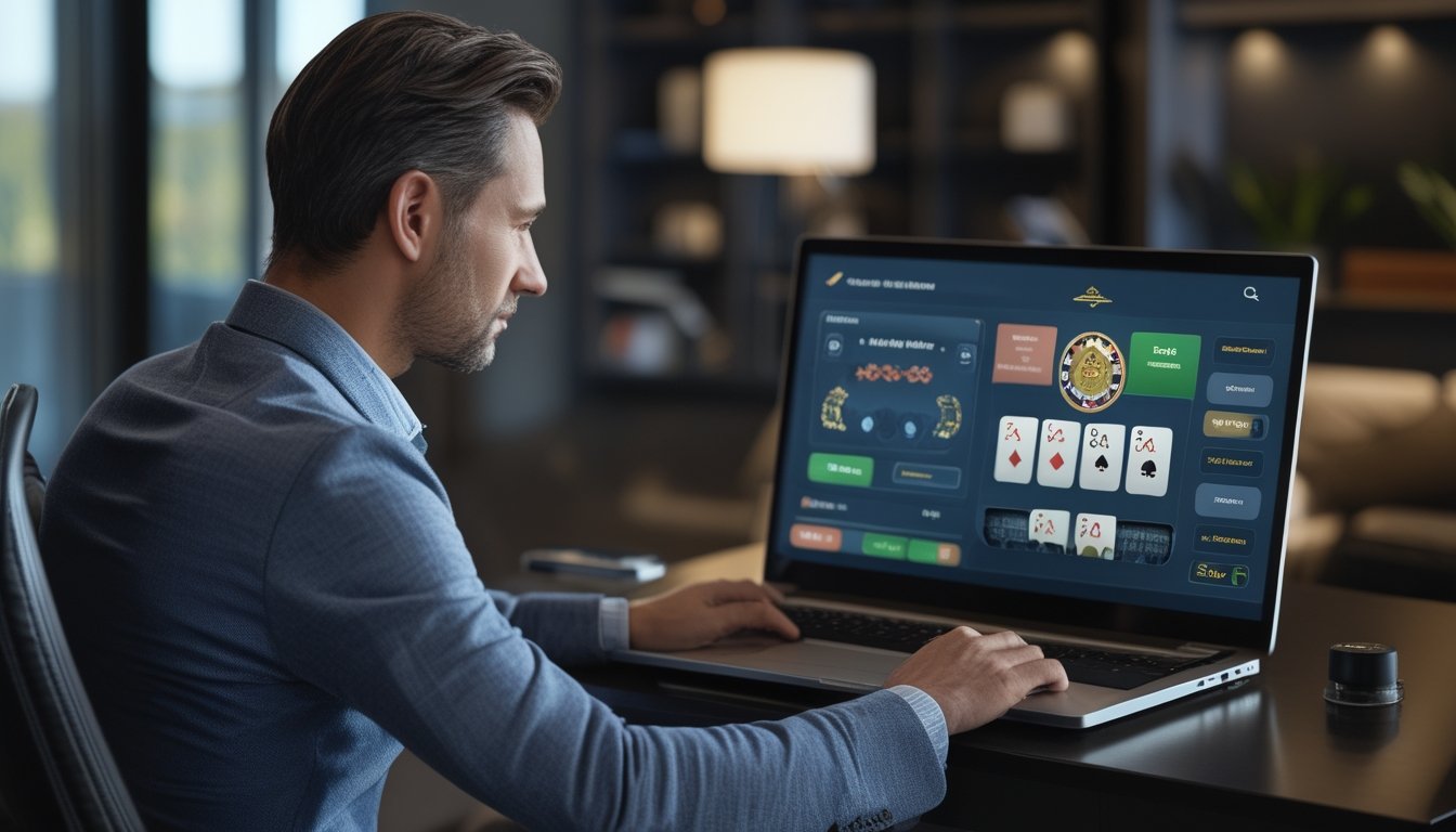 Orang dewasa bermain blackjack online melalui laptop di ruang kerja modern dengan suasana aman dan profesional.