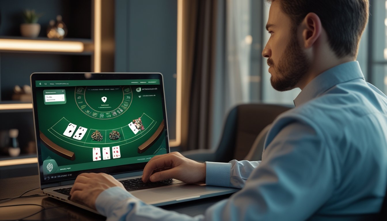 Seorang pemain dewasa menggunakan laptop dengan tampilan permainan blackjack dan simbol keamanan di ruang kerja modern.
