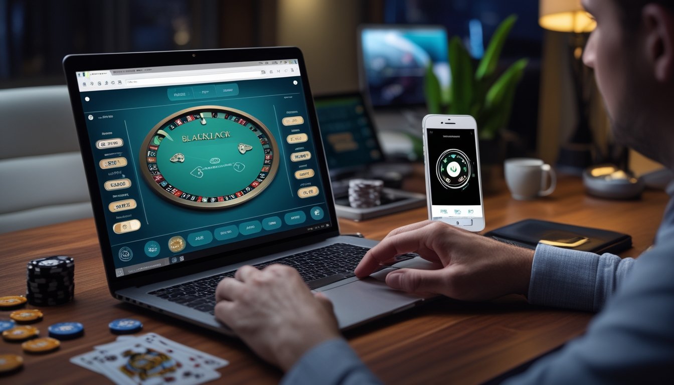 Seseorang menggunakan laptop untuk bermain blackjack online dengan ponsel dan headset di dekatnya.