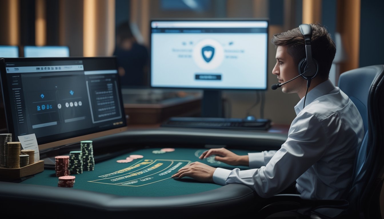 Perwakilan layanan pelanggan membantu pengguna di samping meja blackjack dengan kartu dan chip.