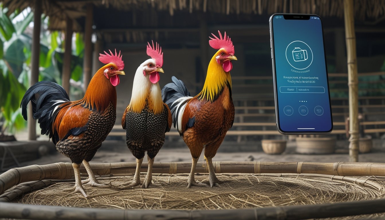 Suasana arena sabung ayam tradisional dengan dua ayam jantan dan seseorang memegang ponsel di dekatnya.