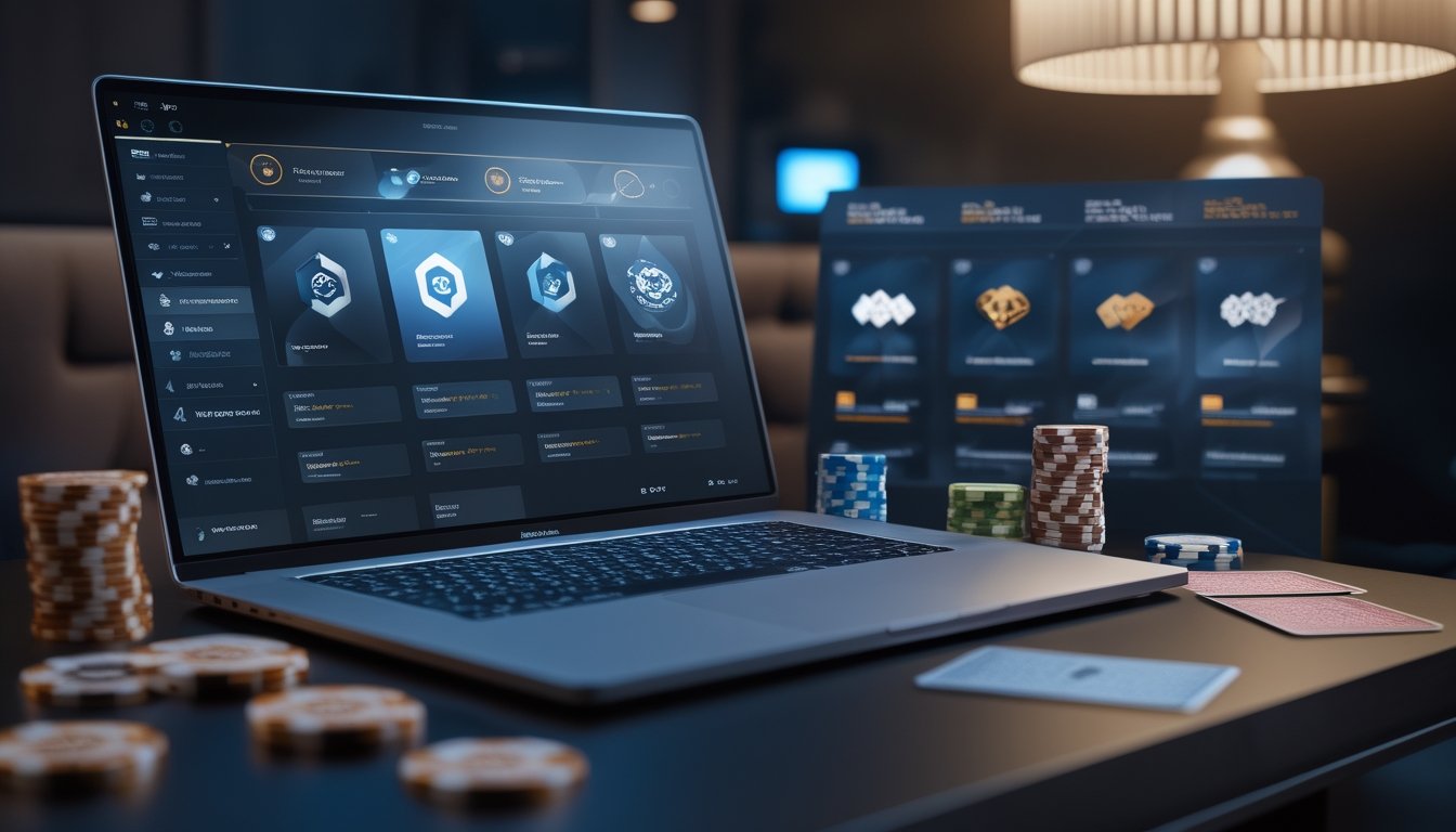 Meja blackjack modern dengan kartu, chip kasino, dan perangkat digital yang menampilkan antarmuka permainan abstrak.