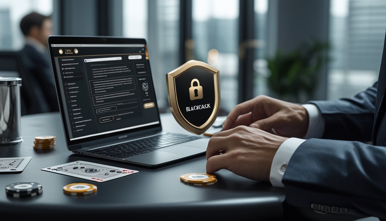 Meja blackjack modern dengan laptop, simbol gembok dan perisai yang menggambarkan keamanan serta perlindungan pemain.